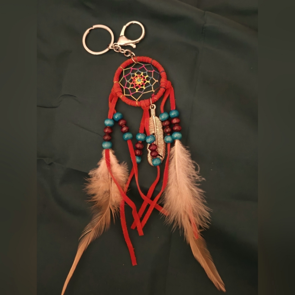 DREAMCATCHER LEATHER BEADED FEATHER KEYCHAIN PURSE CLIP